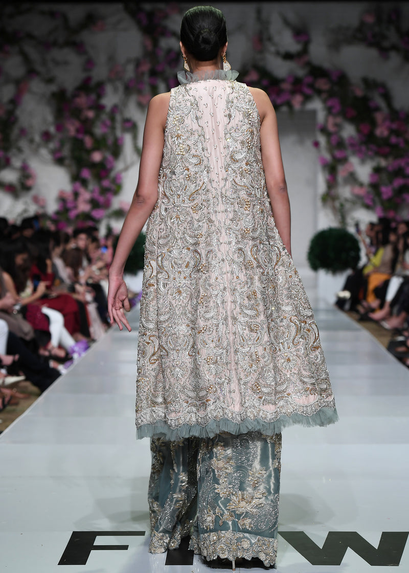 Teal Embroidered Tissue Jumpsuit with Long Jacket (2-Piece) - Image 4