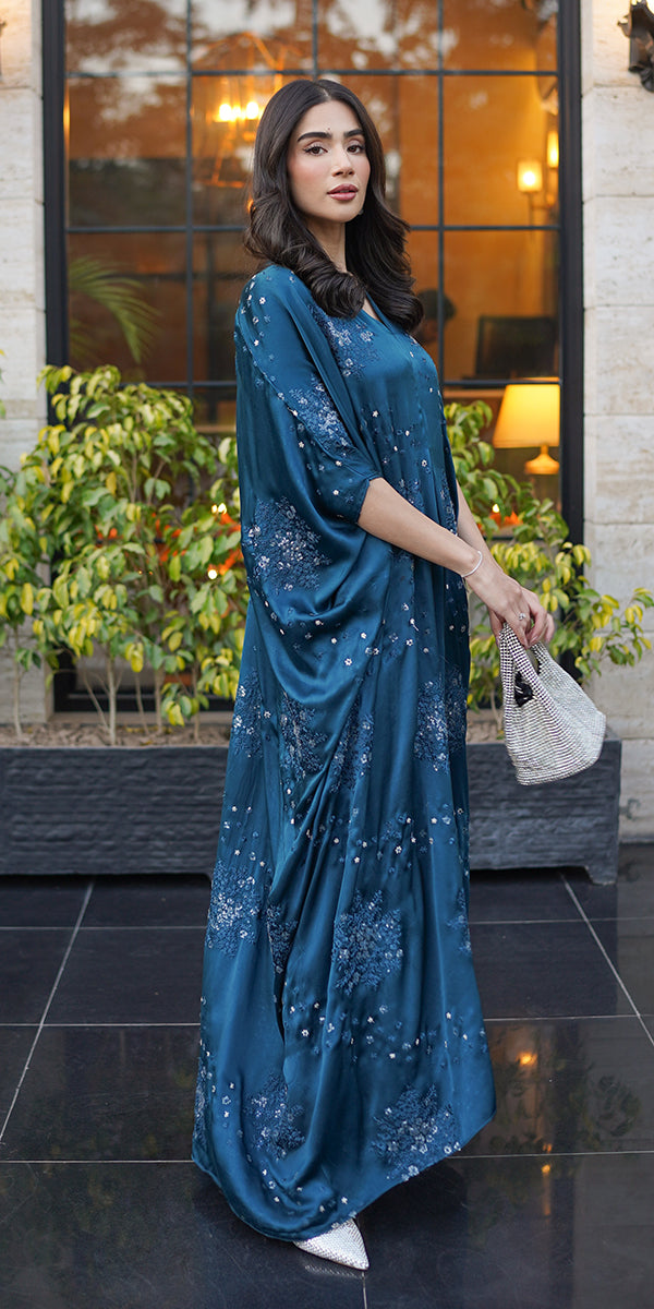 Teal Monotone Embroidered Charmeuse Silk Kaftan (1-Pc) - Image 4