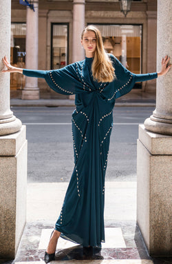 Teal Mirror Work Georgette Kaftan (1-Pc) - Image 1