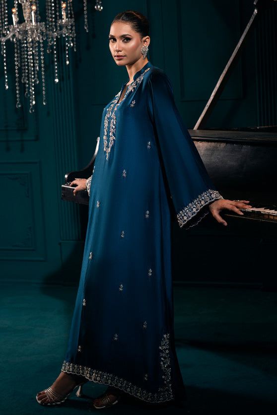 Teal Hand Embroidered Silk Kaftan (1-Pc) - Image 1