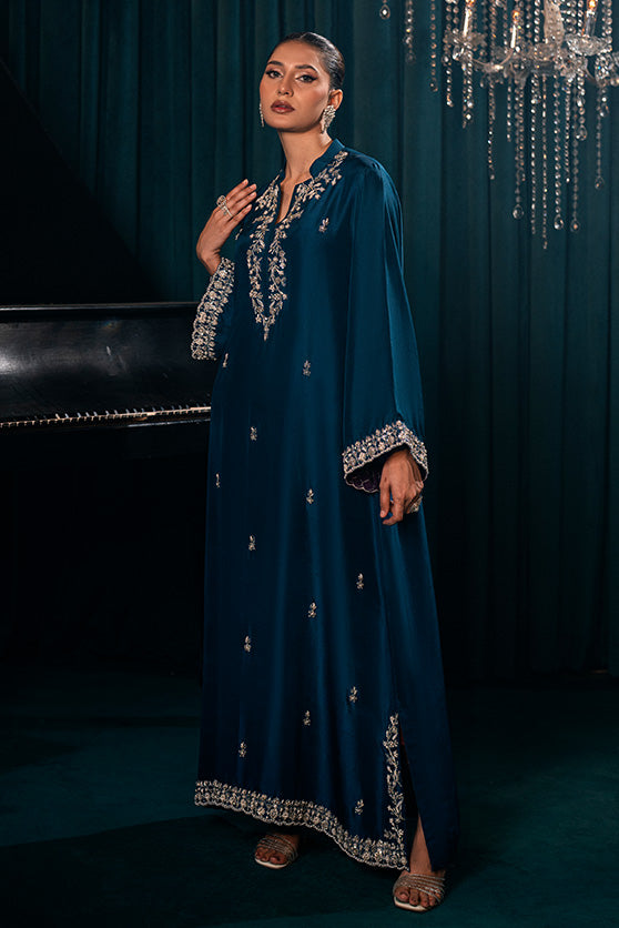 Teal Hand Embroidered Silk Kaftan (1-Pc) - Image 2