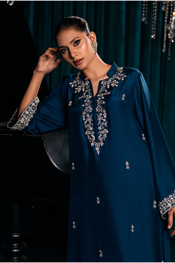 Teal Hand Embroidered Silk Kaftan (1-Pc) - Image 3