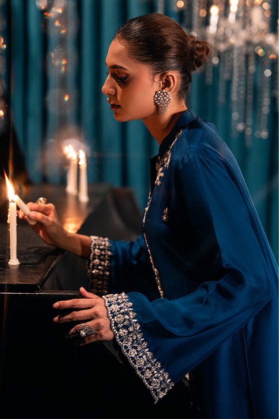 Teal Hand Embroidered Silk Kaftan (1-Pc) - Image 4