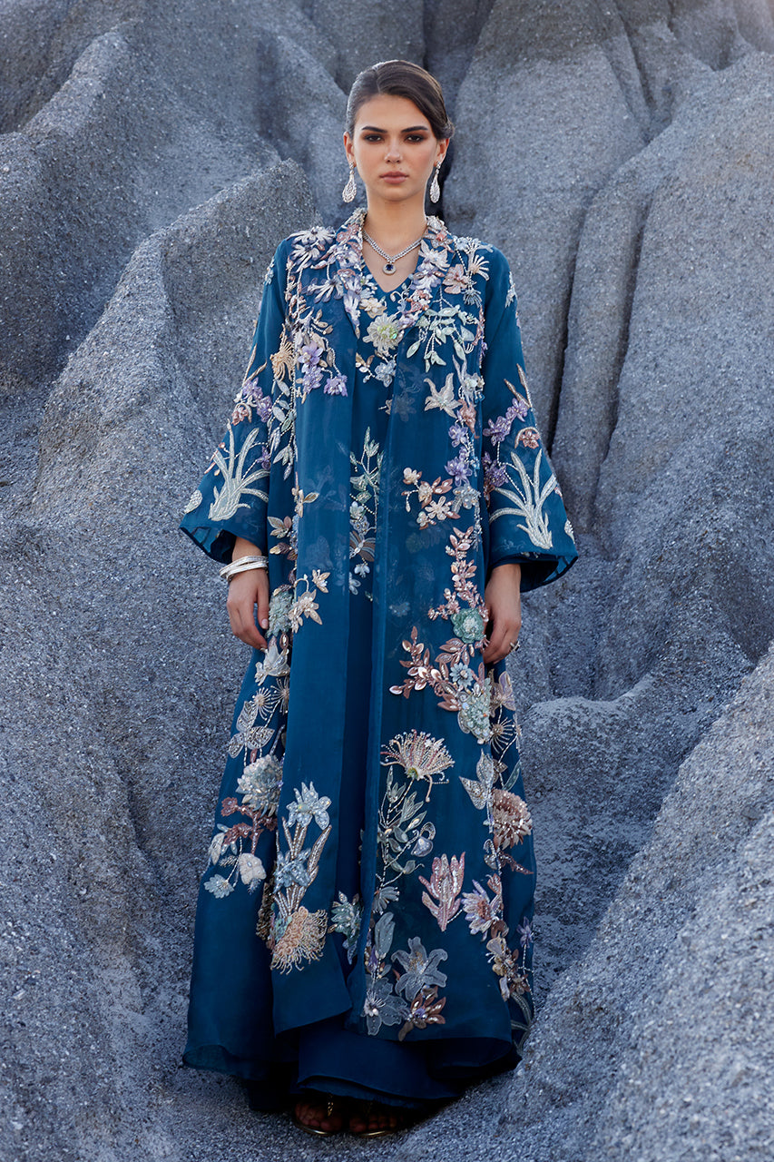 Teal Blue 3D Embellished Organza Jacket & Kaftan (3-Piece) - Image 1