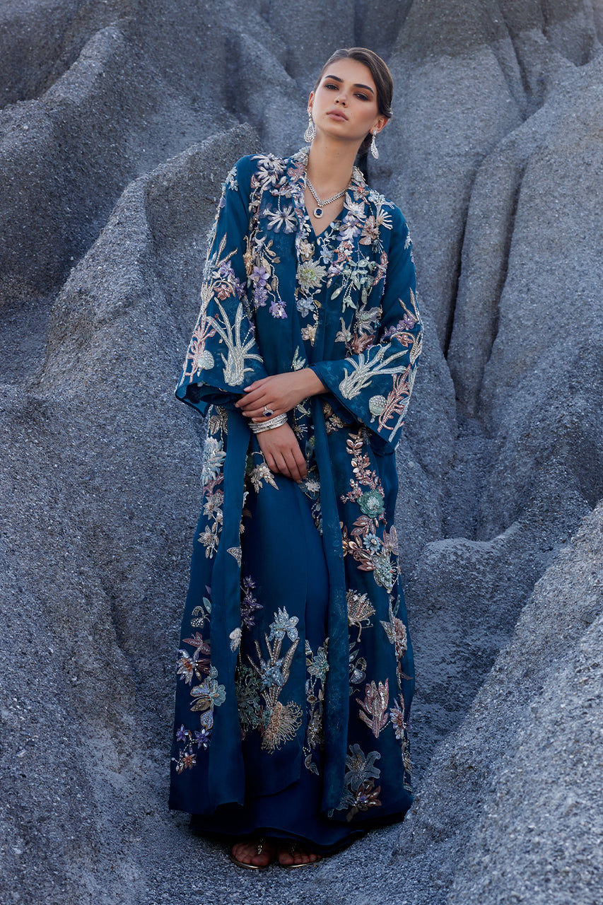 Teal Blue 3D Embellished Organza Jacket & Kaftan (3-Piece) - Image 4