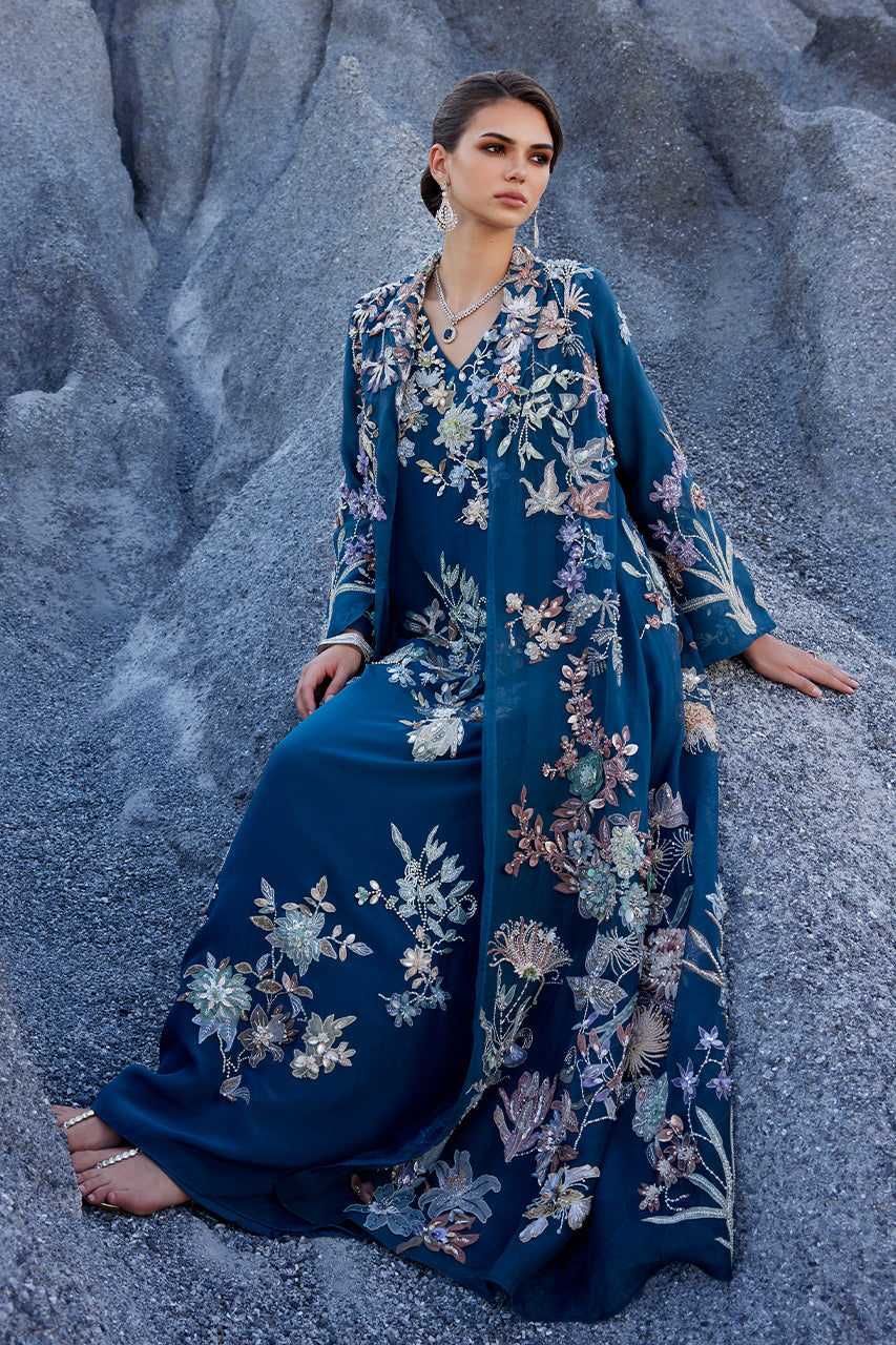 Teal Blue 3D Embellished Organza Jacket & Kaftan (3-Piece) - Image 5