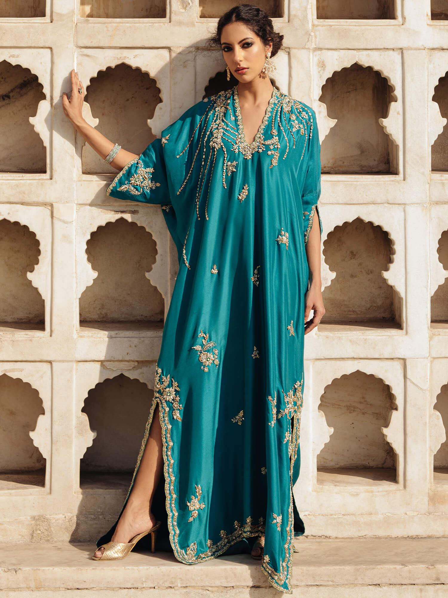 Teal Zardozi Raw Silk Kaftan (1-Pc) - Image 1