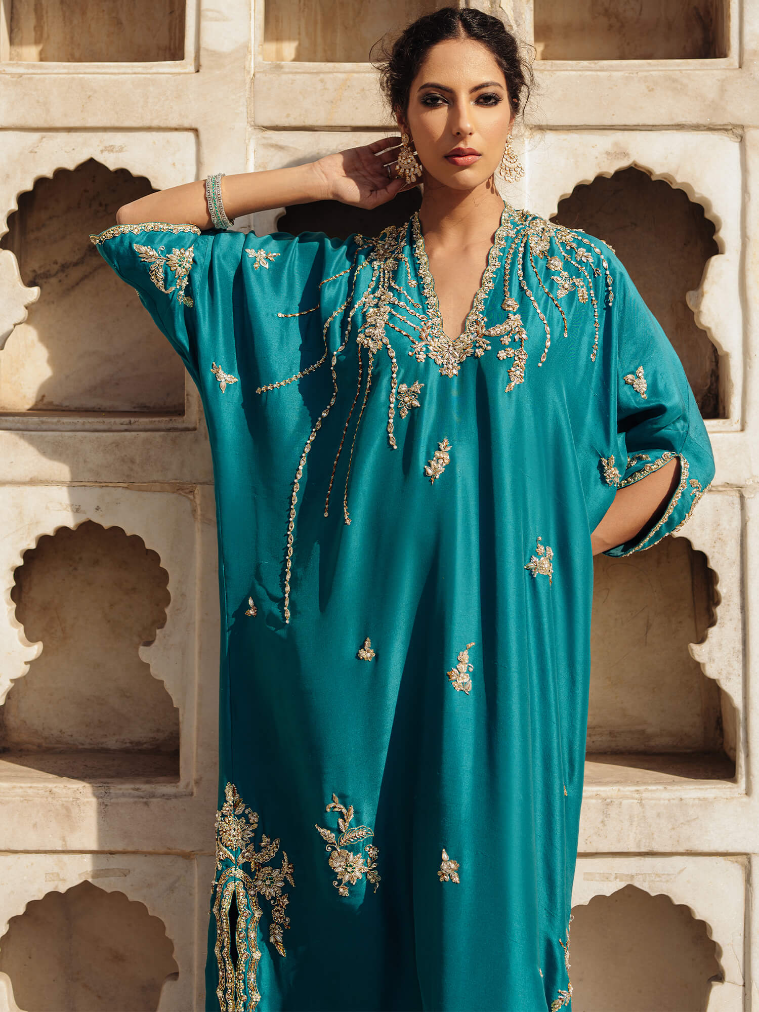Teal Zardozi Raw Silk Kaftan (1-Pc) - Image 2
