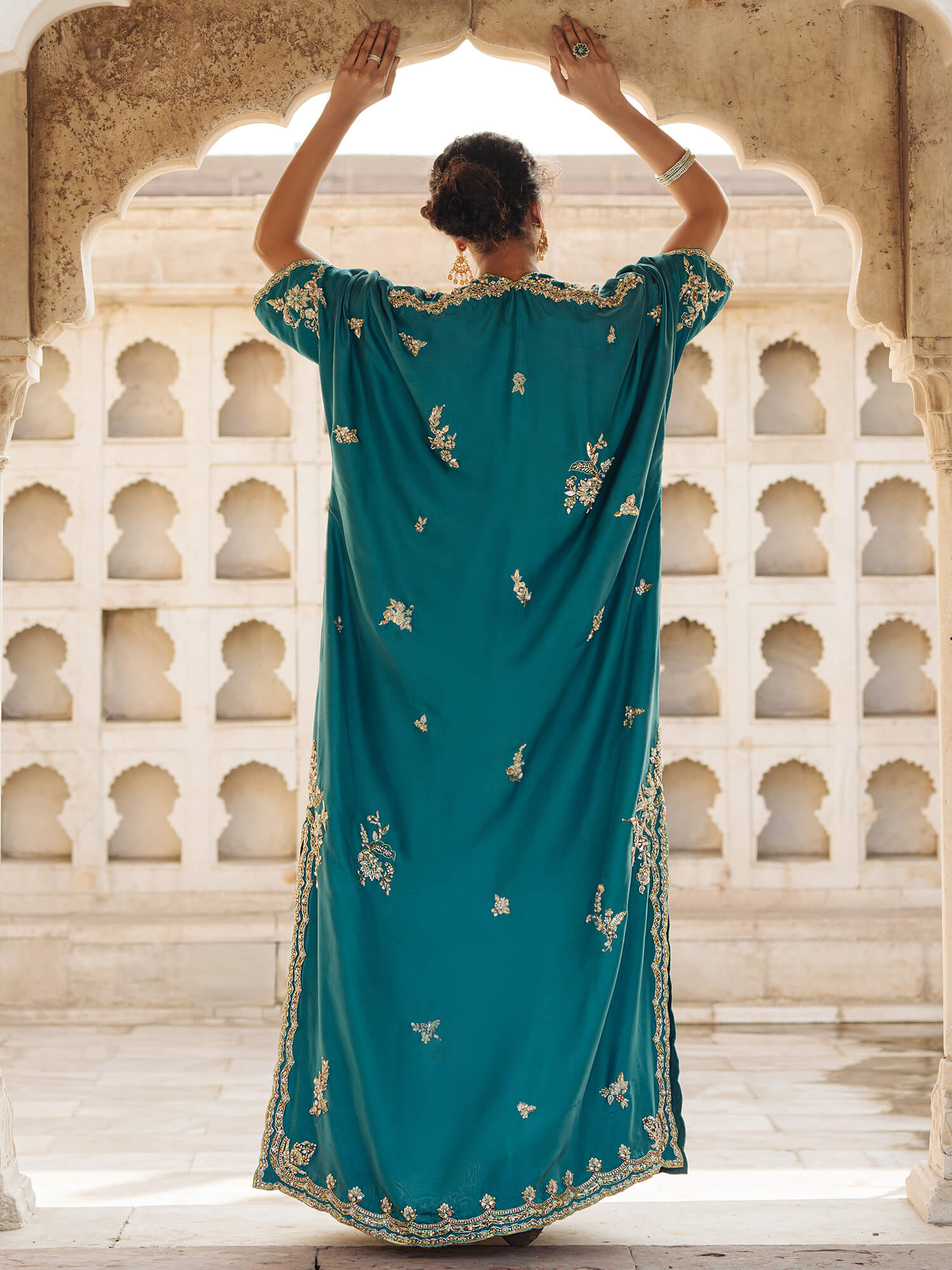Teal Zardozi Raw Silk Kaftan (1-Pc) - Image 3
