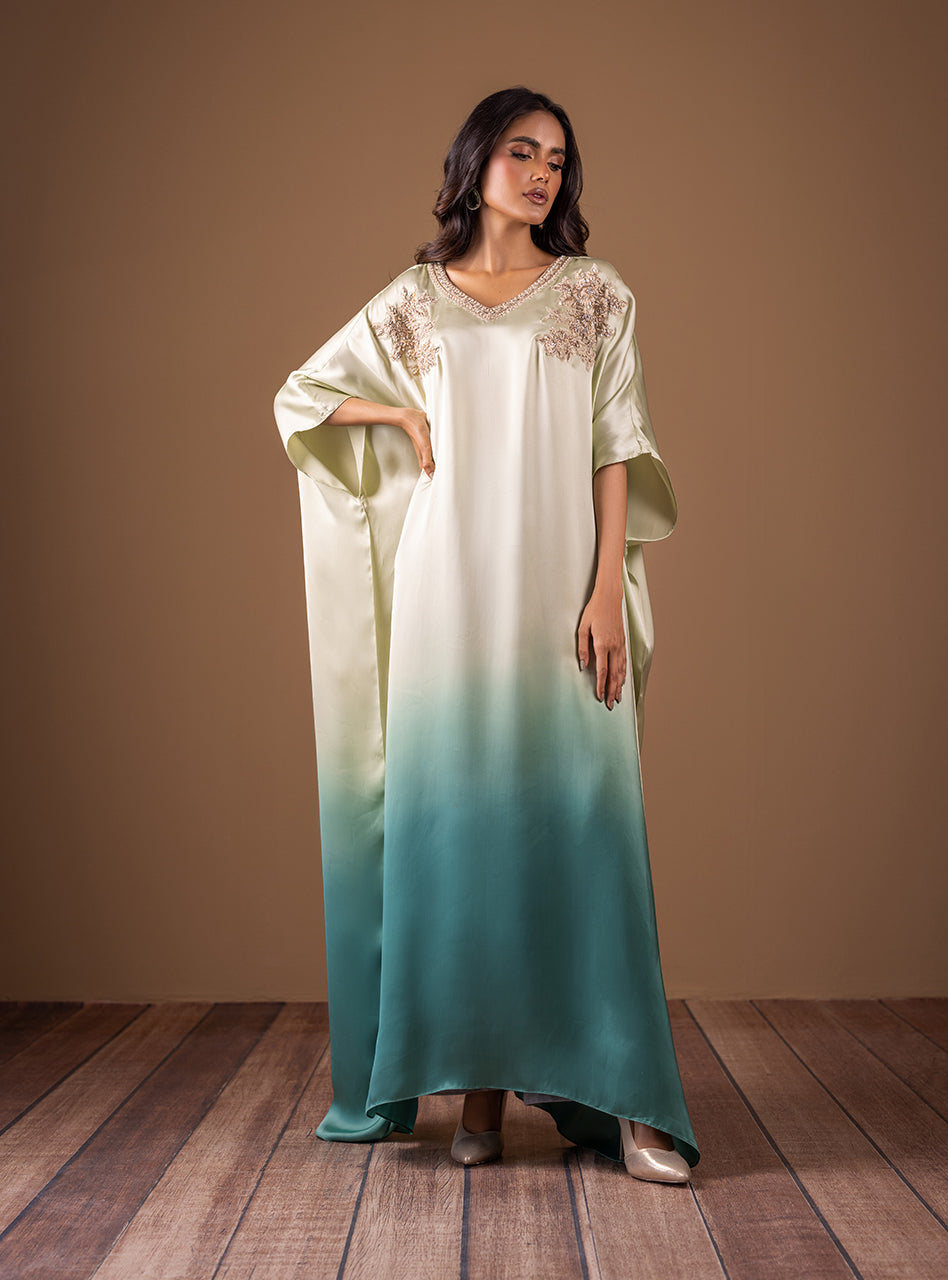 Mint and Teal Embellished Shamose Silk Kaftan (1-Pc) - Image 1