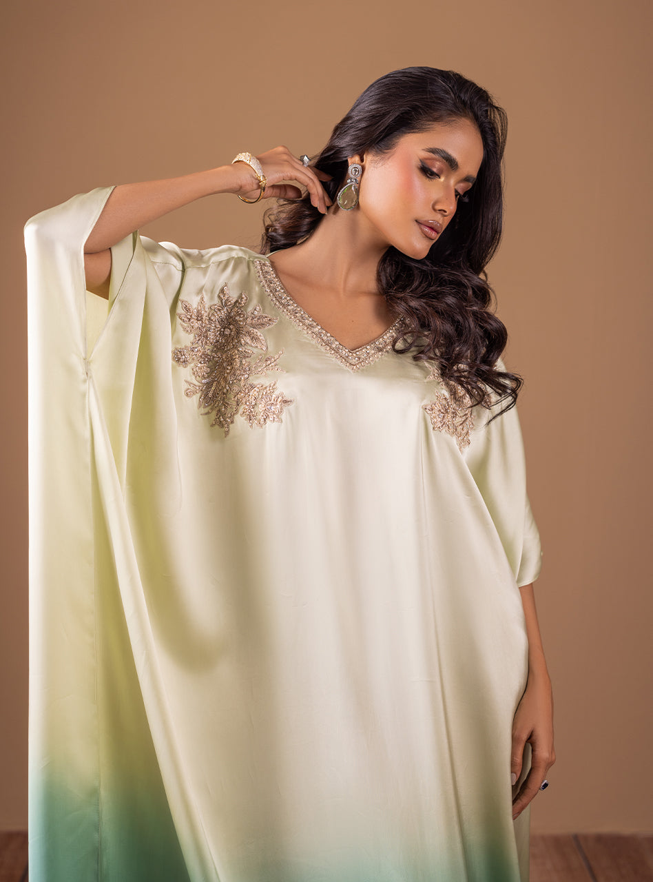 Mint and Teal Embellished Shamose Silk Kaftan (1-Pc) - Image 2