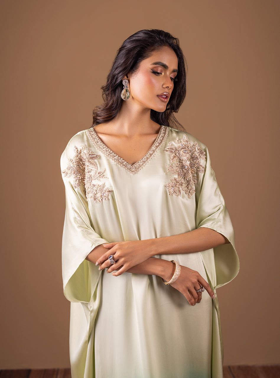 Mint and Teal Embellished Shamose Silk Kaftan (1-Pc) - Image 3