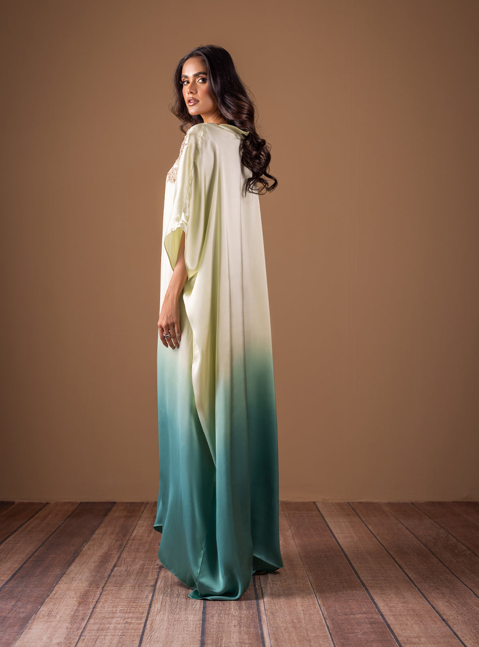 Mint and Teal Embellished Shamose Silk Kaftan (1-Pc) - Image 4