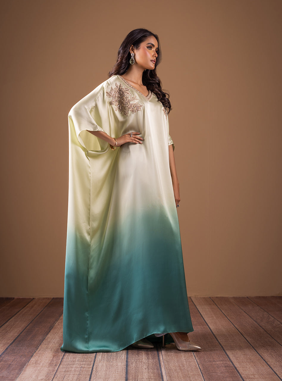 Mint and Teal Embellished Shamose Silk Kaftan (1-Pc) - Image 5