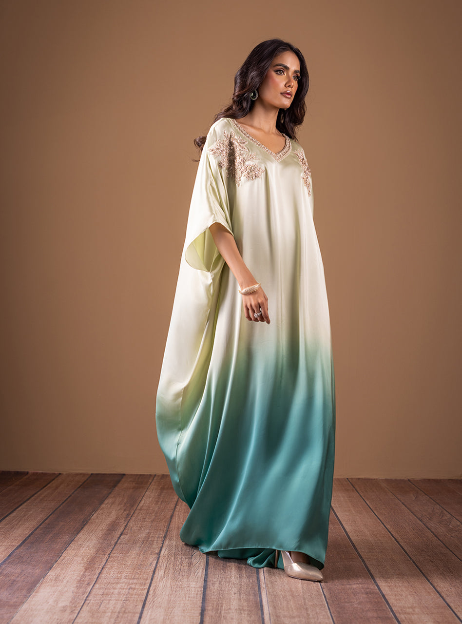 Mint and Teal Embellished Shamose Silk Kaftan (1-Pc) - Image 6