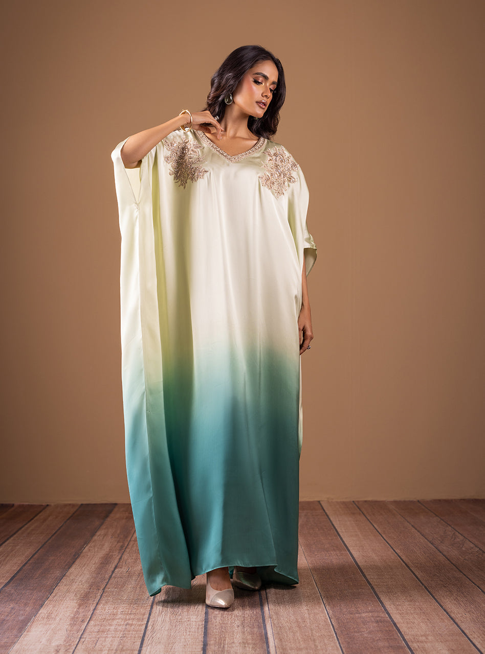 Mint and Teal Embellished Shamose Silk Kaftan (1-Pc) - Image 7