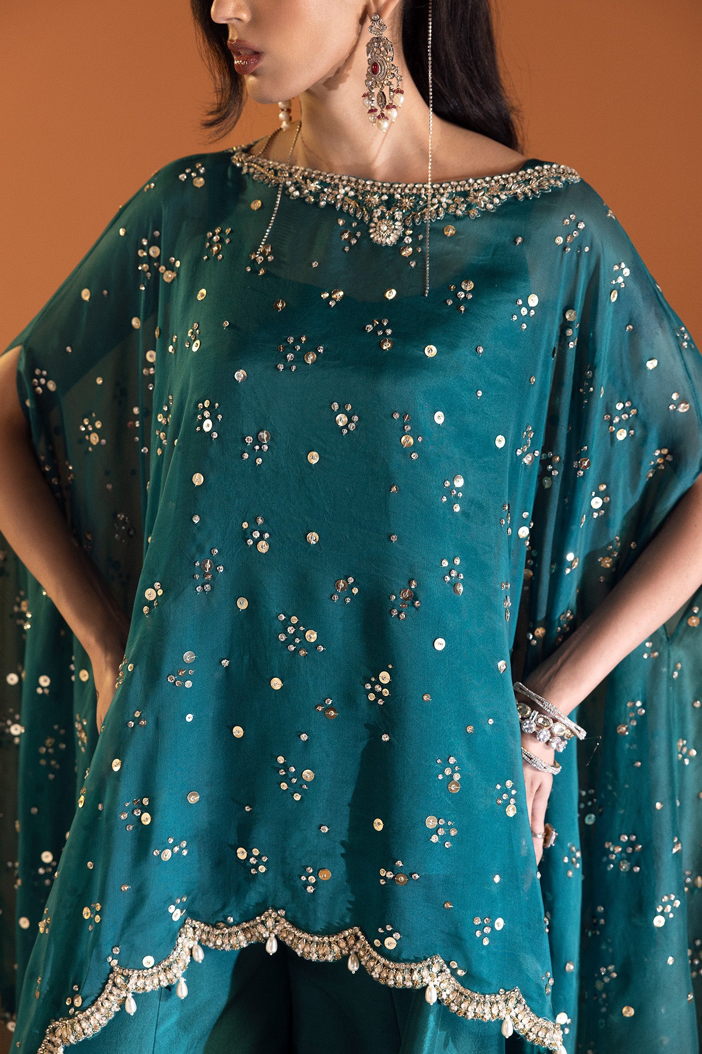 Pakistani Teal Mirrorwork Silk-Blend Kaftan (2-Piece) - Image 6