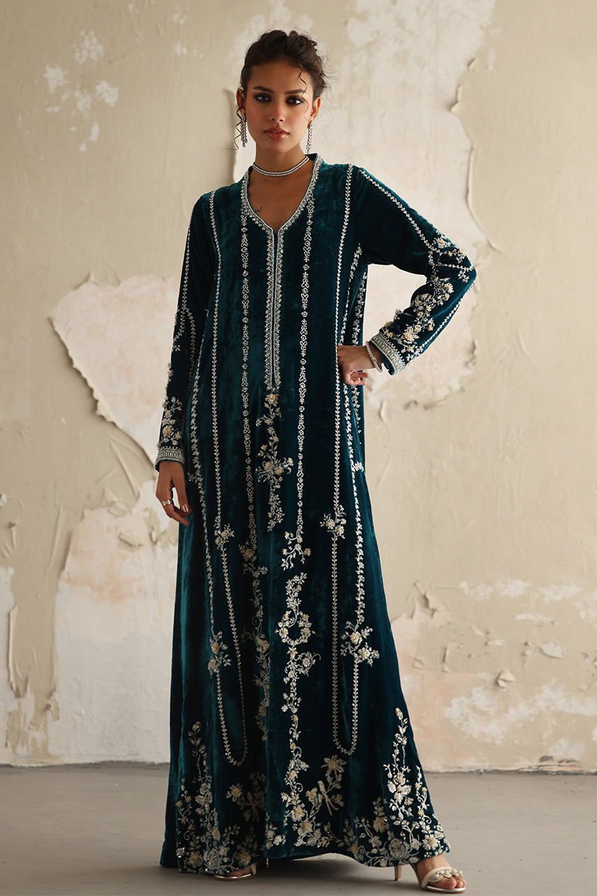 Teal Zardozi Velvet Kaftan (1-Pc) - Image 1