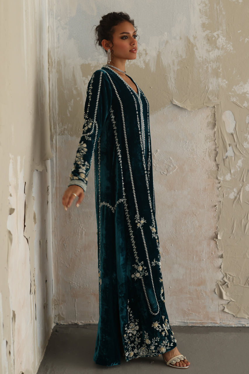 Teal Zardozi Velvet Kaftan (1-Pc) - Image 3