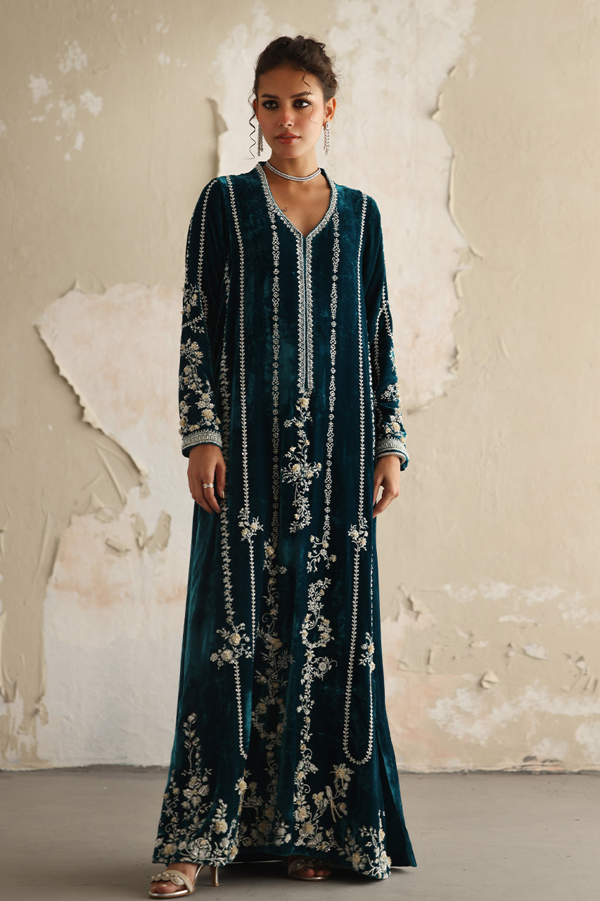 Teal Zardozi Velvet Kaftan (1-Pc) - Image 4