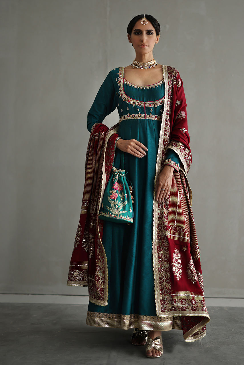 Pakistani Teal Zardozi Resham Khaadi Silk Kalidar (3-Piece) - Image 1
