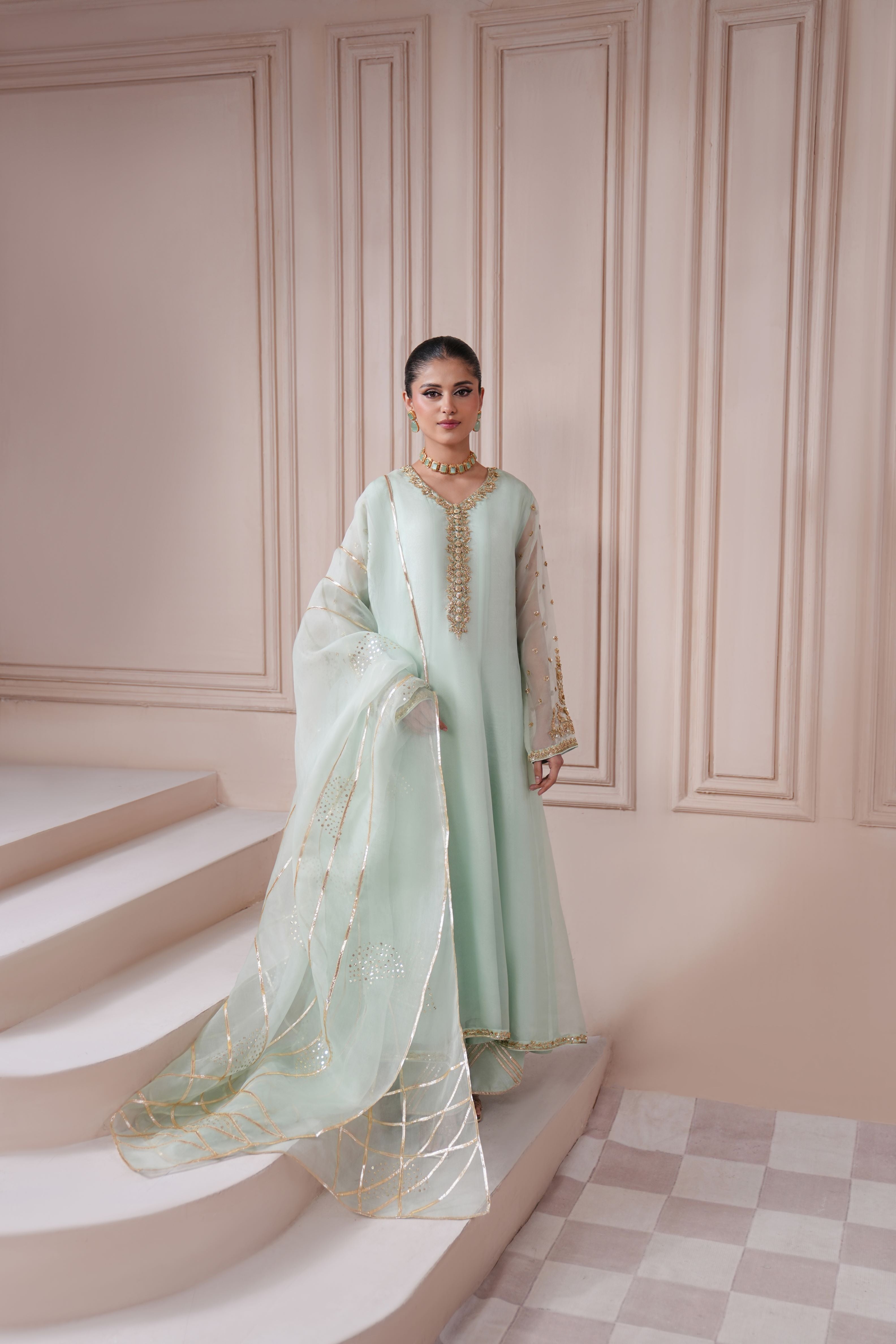 Pakistani Aqua Gold Ada Work Pure Organza Kalidaar (3-Piece) - Image 1