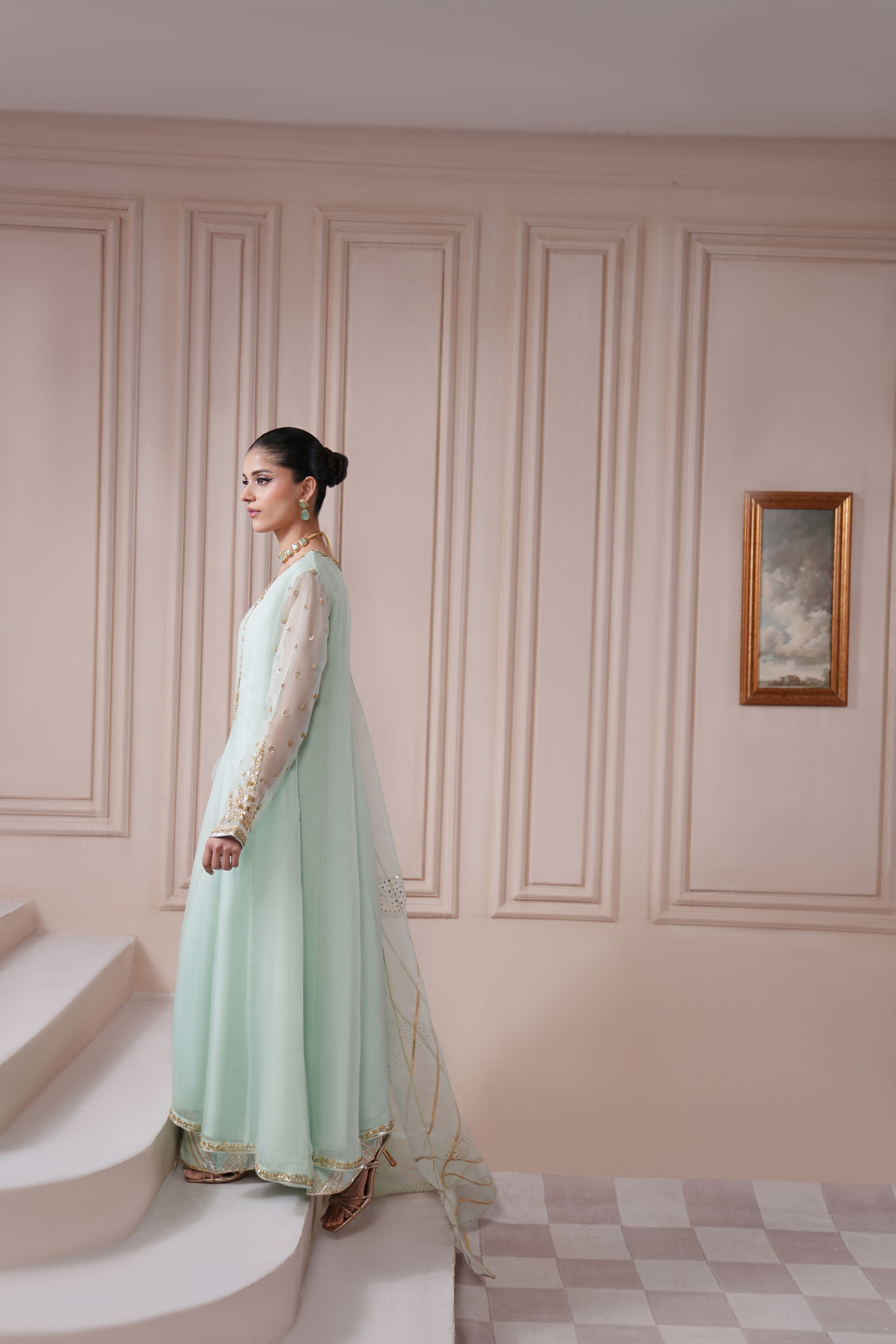 Pakistani Aqua Gold Ada Work Pure Organza Kalidaar (3-Piece) - Image 2