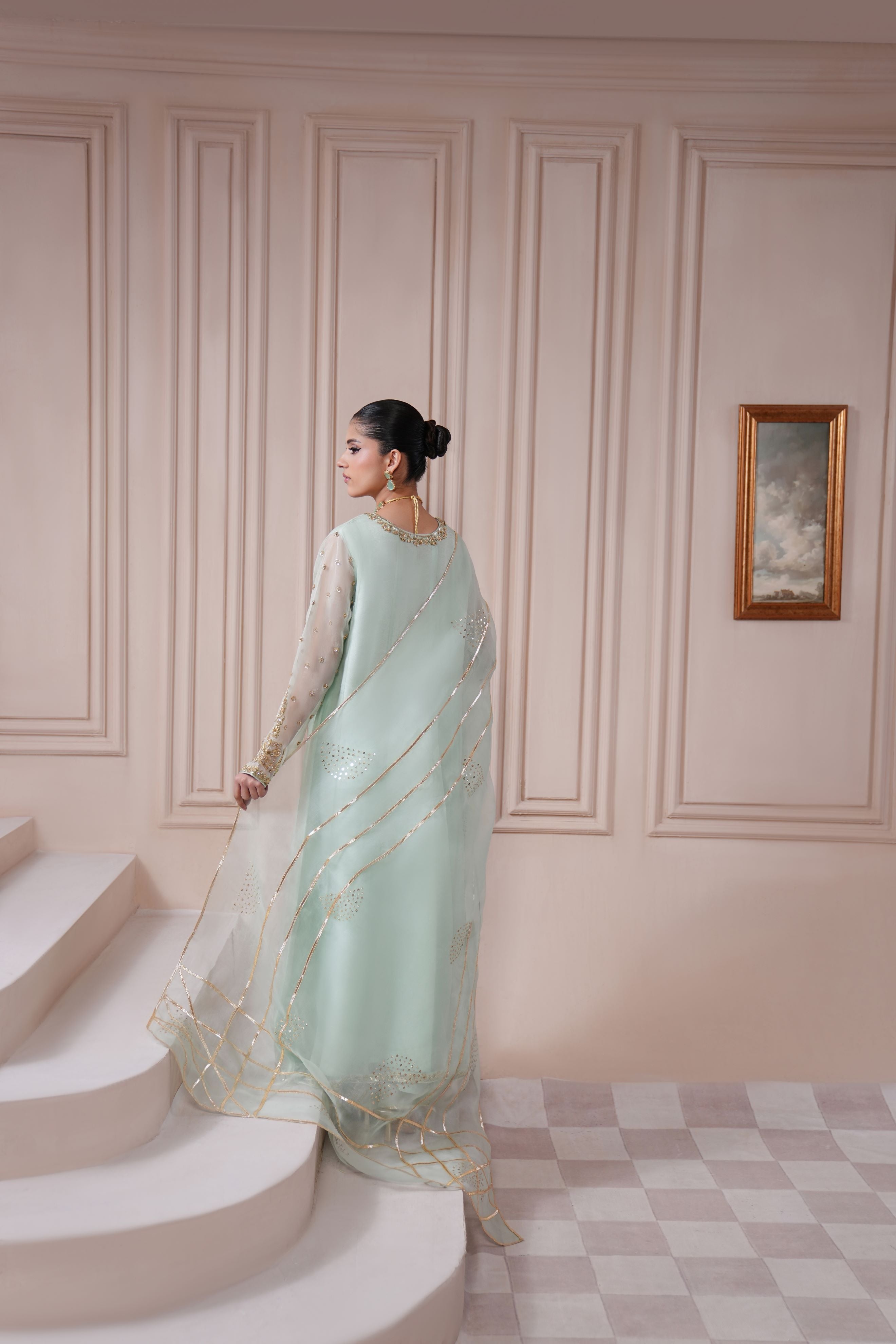 Pakistani Aqua Gold Ada Work Pure Organza Kalidaar (3-Piece) - Image 3