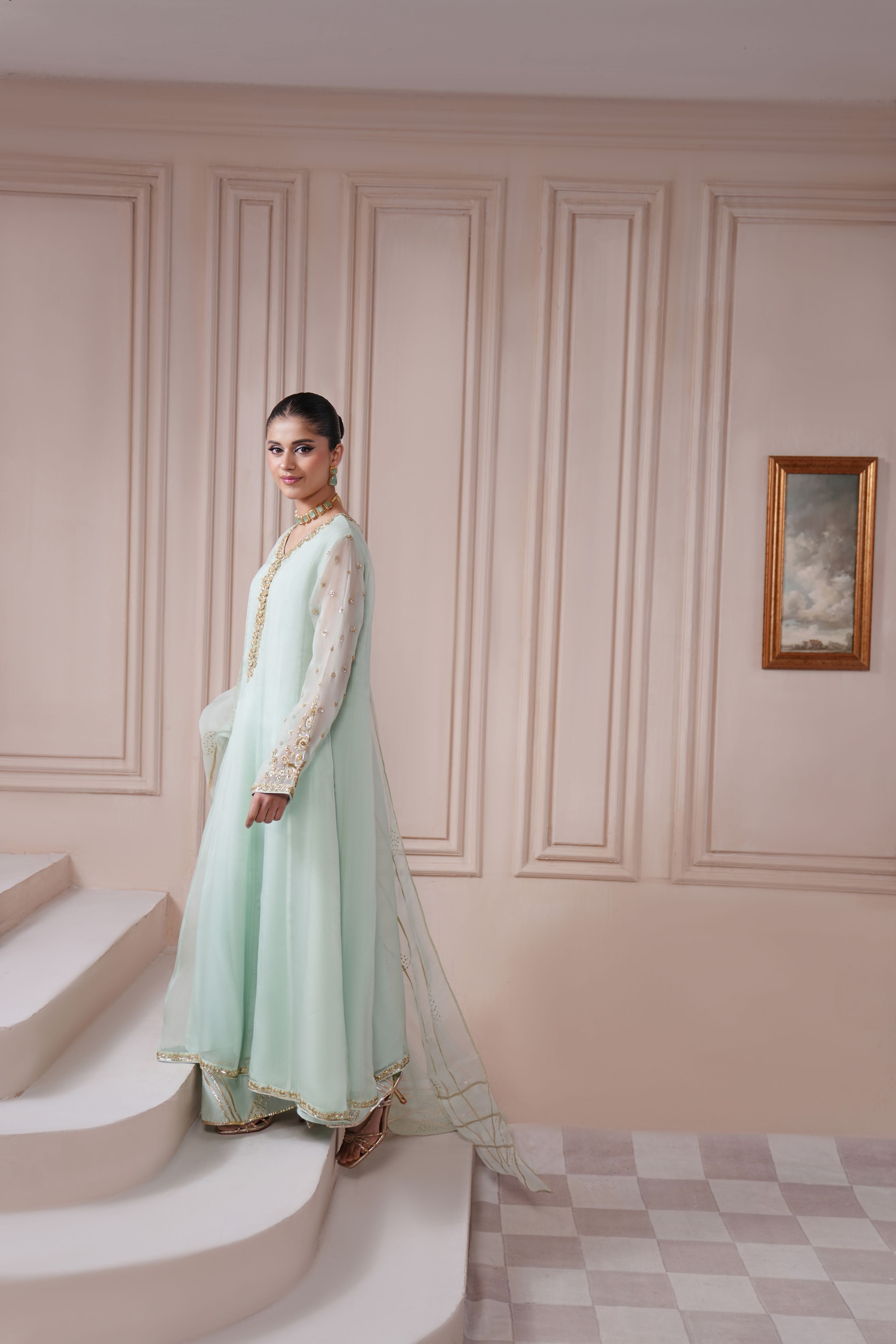 Pakistani Aqua Gold Ada Work Pure Organza Kalidaar (3-Piece) - Image 4