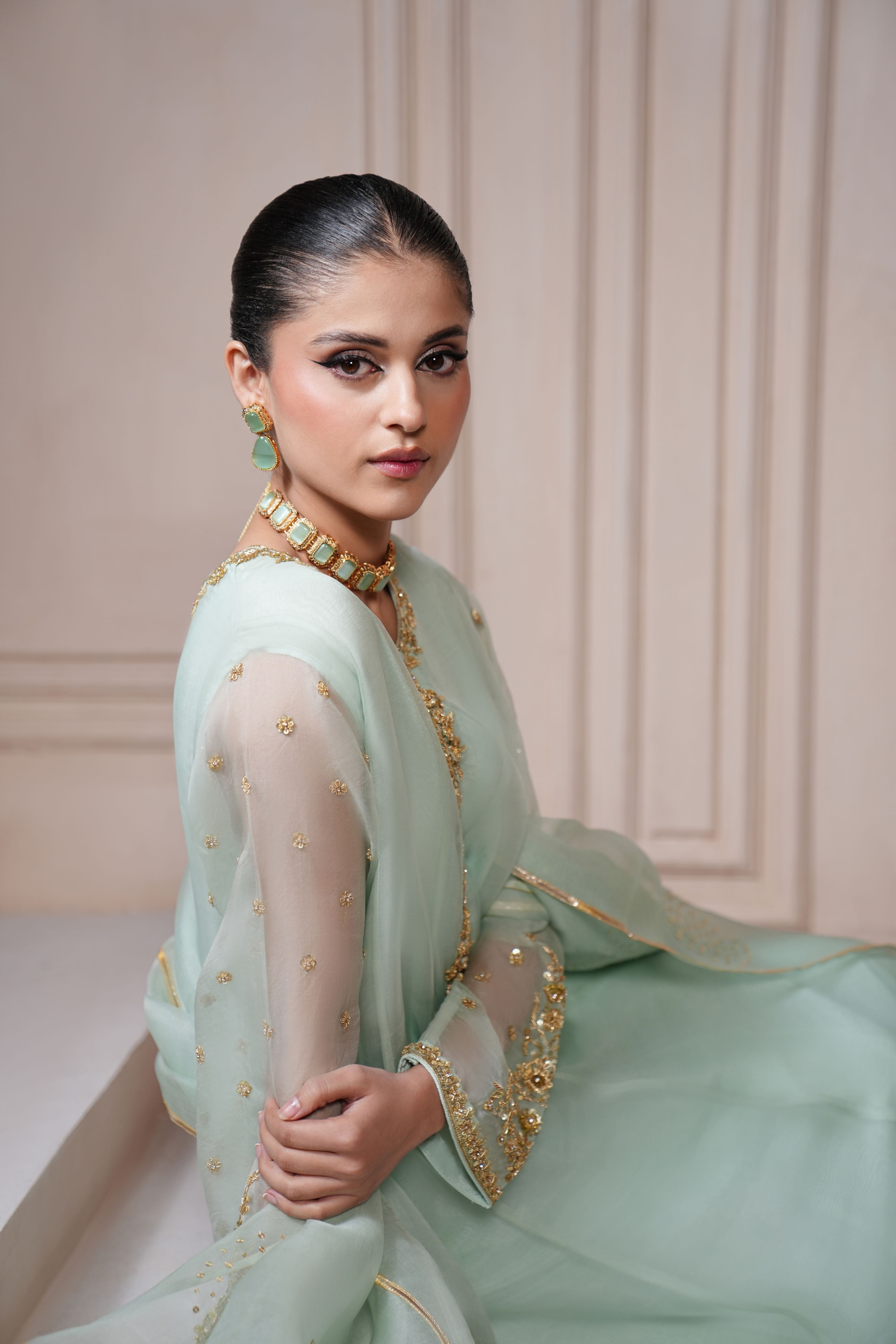 Pakistani Aqua Gold Ada Work Pure Organza Kalidaar (3-Piece) - Image 5