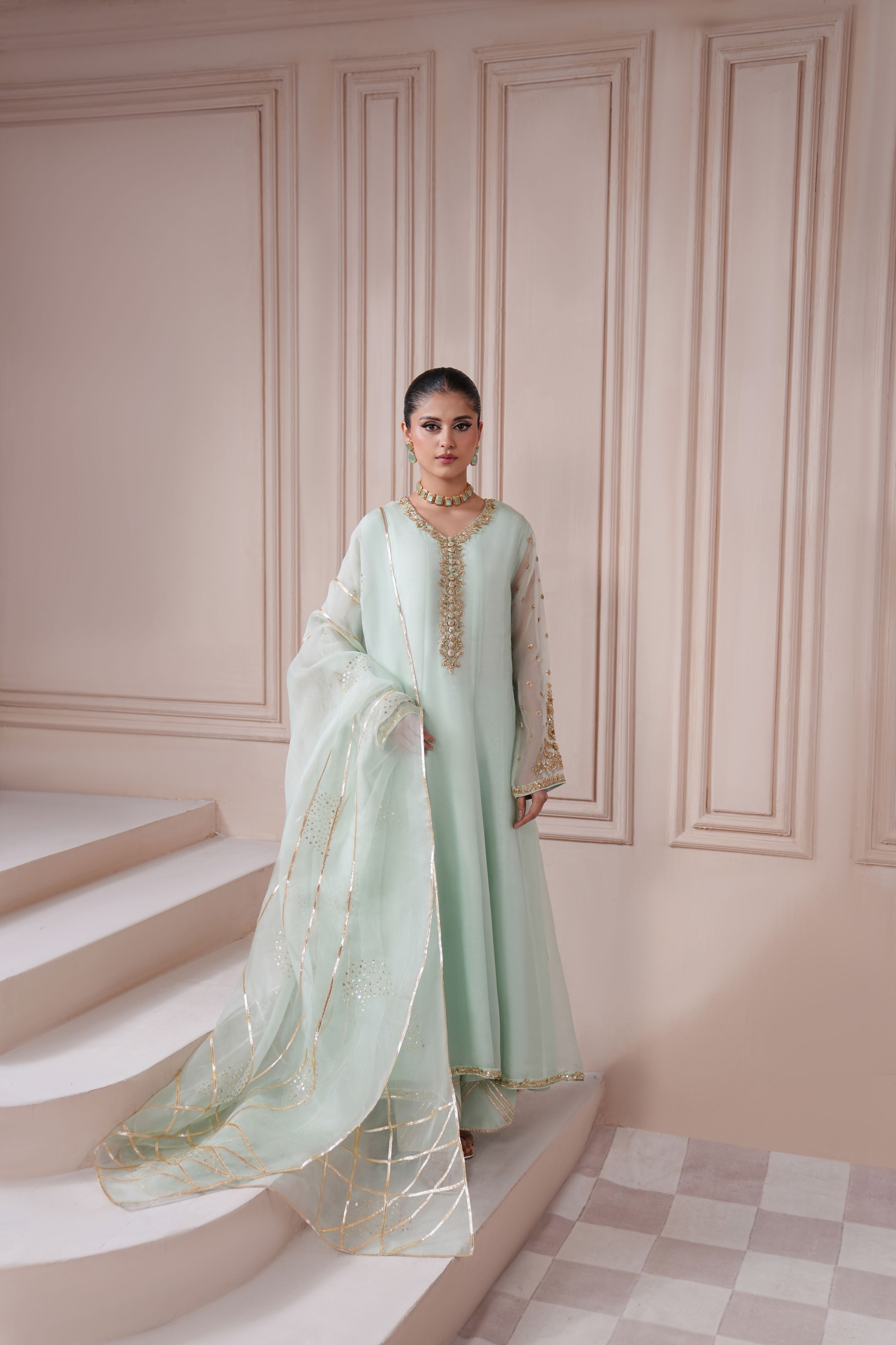 Pakistani Aqua Gold Ada Work Pure Organza Kalidaar (3-Piece) - Image 6