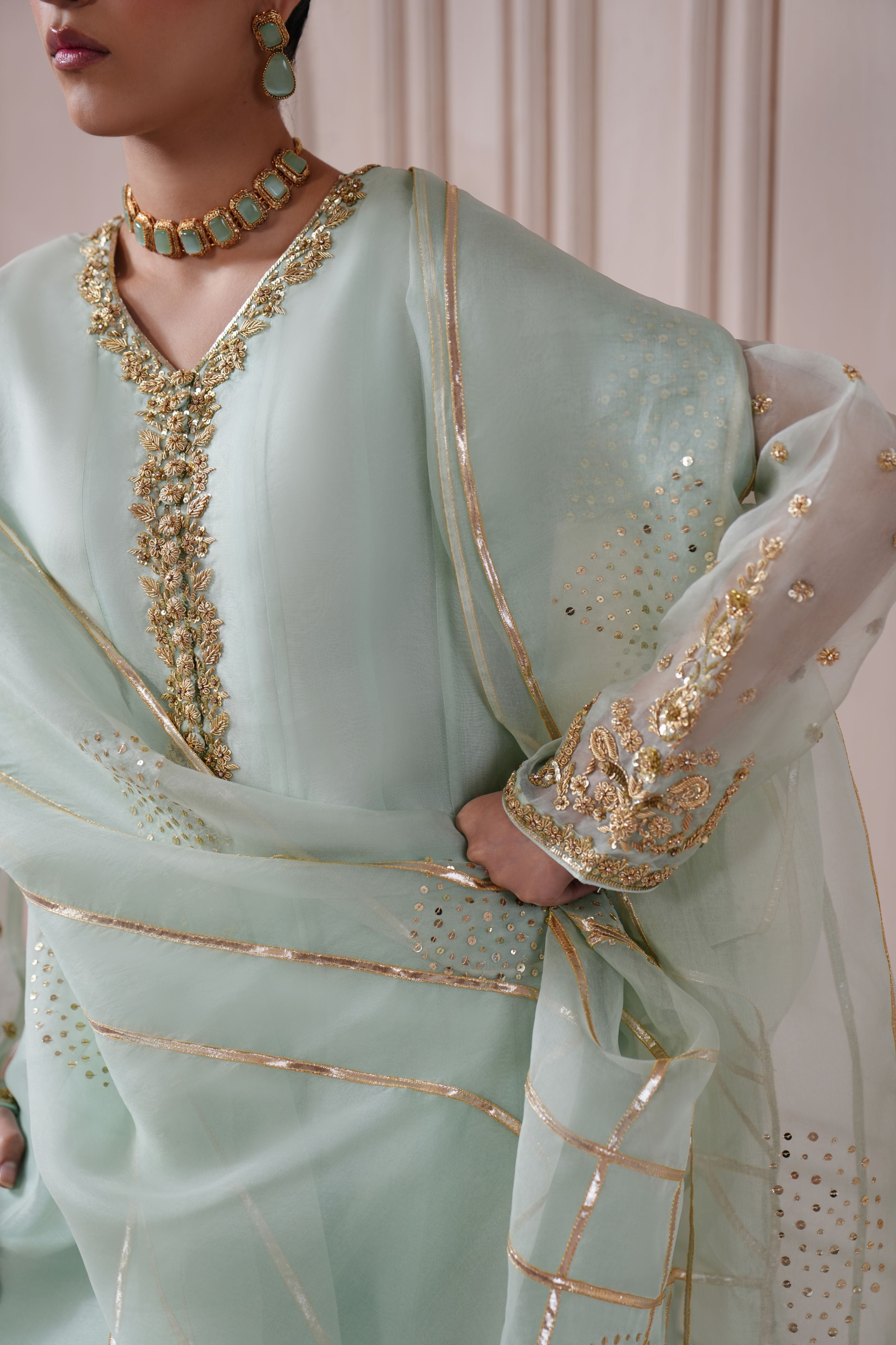 Pakistani Aqua Gold Ada Work Pure Organza Kalidaar (3-Piece) - Image 7