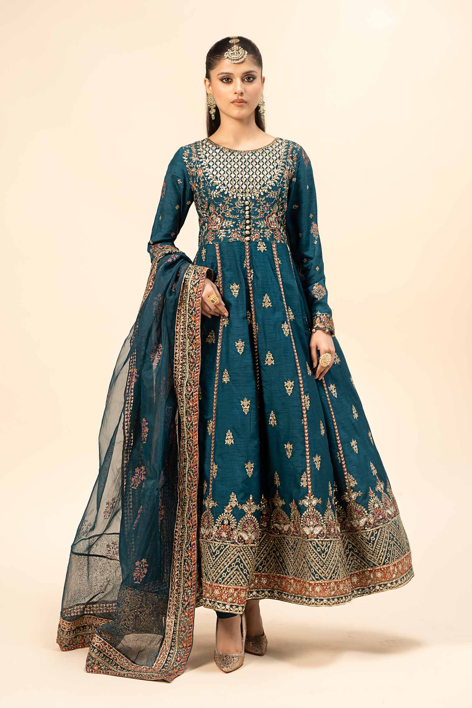 Pakistani Teal Embroidered Raw Silk Kalidar Frock (3-Piece) - Image 1