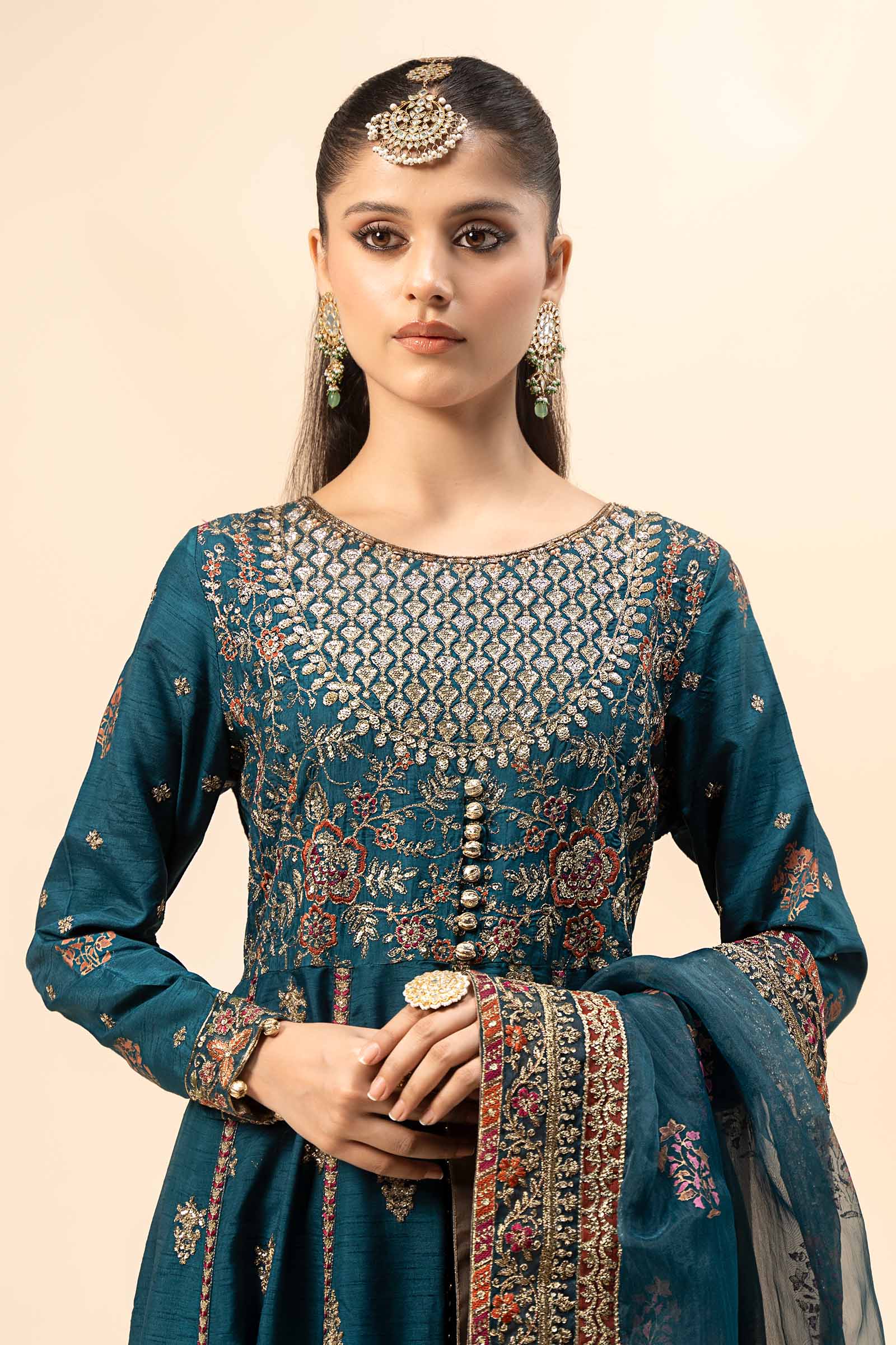 Pakistani Teal Embroidered Raw Silk Kalidar Frock (3-Piece) - Image 2