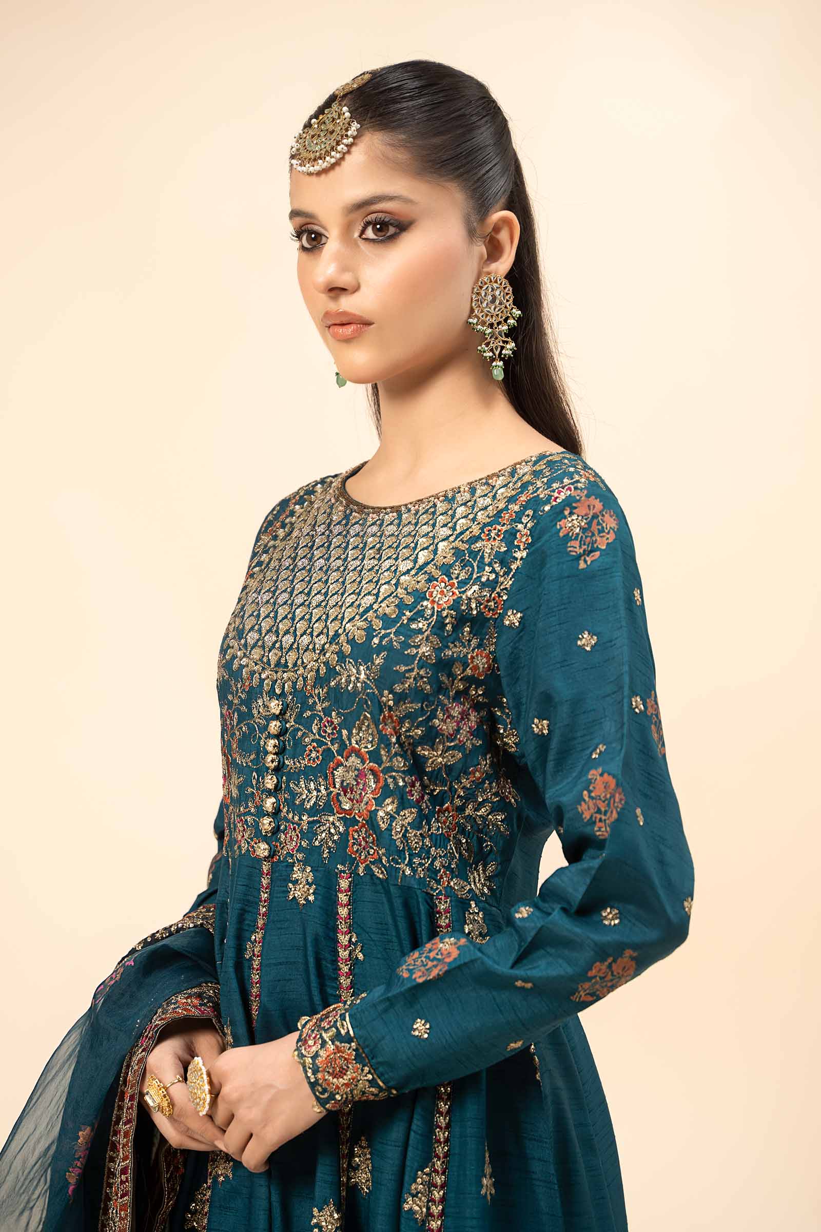 Pakistani Teal Embroidered Raw Silk Kalidar Frock (3-Piece) - Image 3