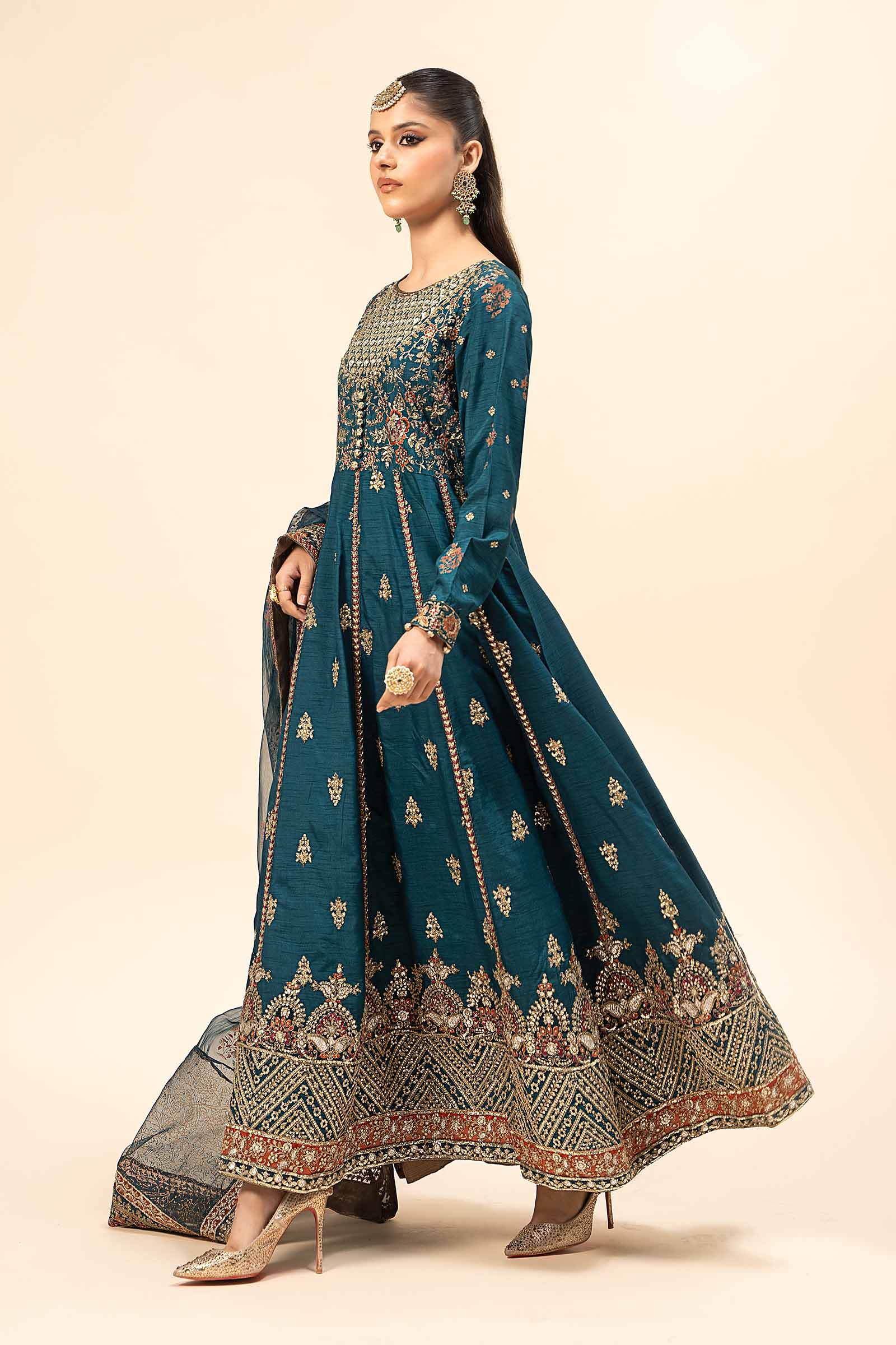 Pakistani Teal Embroidered Raw Silk Kalidar Frock (3-Piece) - Image 4