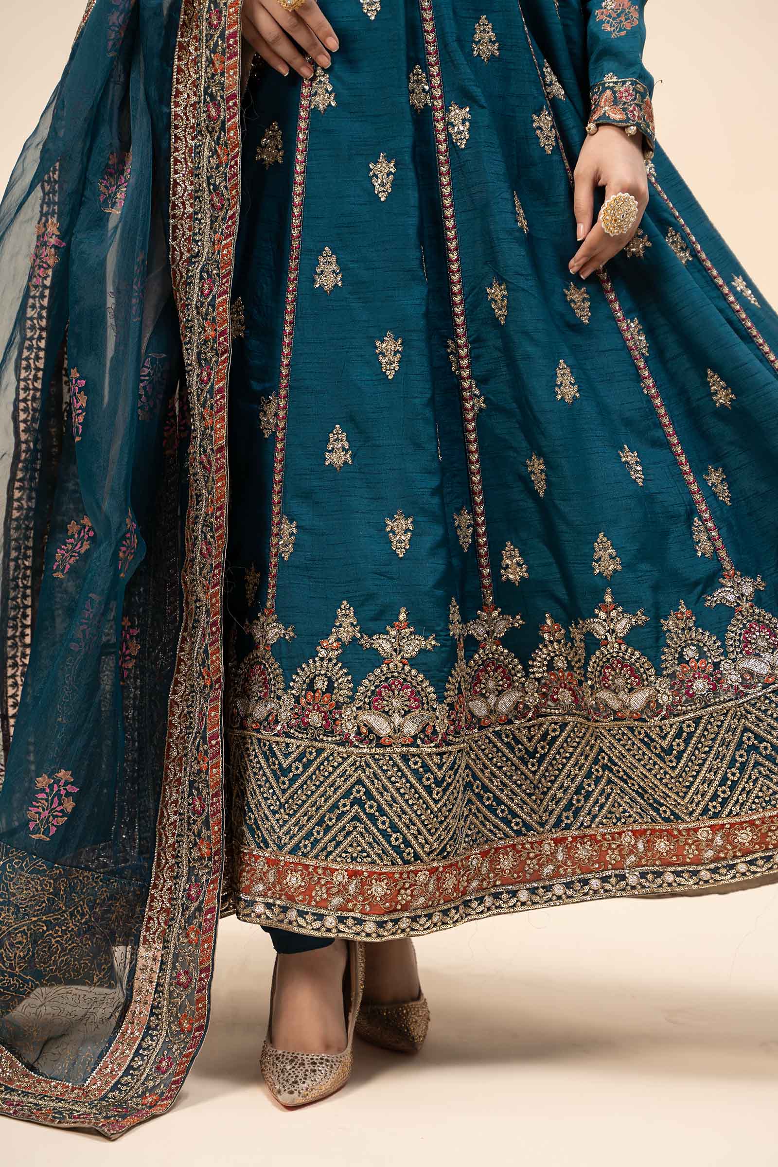 Pakistani Teal Embroidered Raw Silk Kalidar Frock (3-Piece) - Image 5