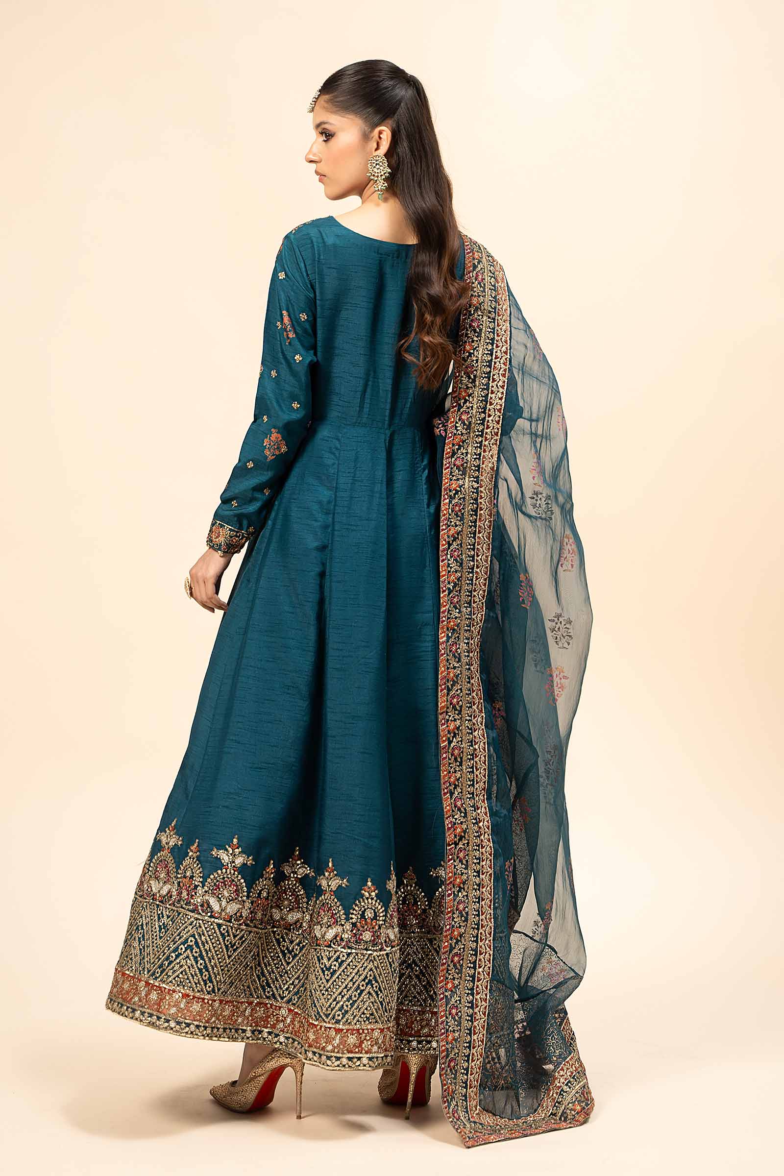 Pakistani Teal Embroidered Raw Silk Kalidar Frock (3-Piece) - Image 6