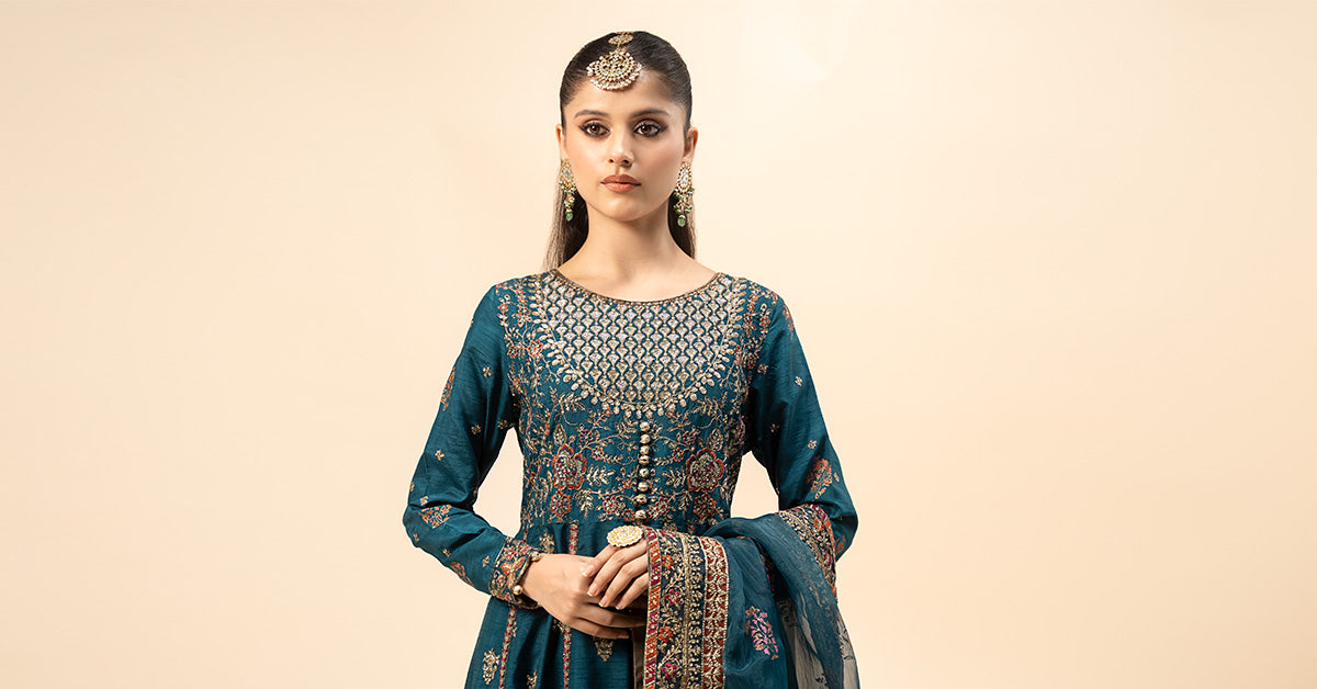 Pakistani Teal Embroidered Raw Silk Kalidar Frock (3-Piece) - Image 7