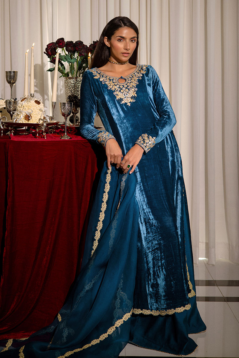 Pakistani Teal Velvet Kalidaar with Gold Appliqué (3-Piece) - Image 5