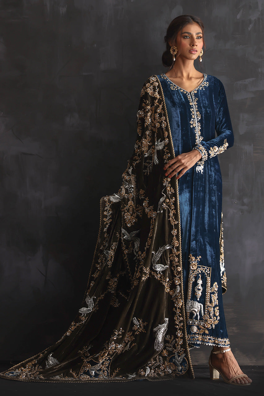 Pakistani Teal Zardozi Velvet Kalidar Dress (3-Piece) - Image 1