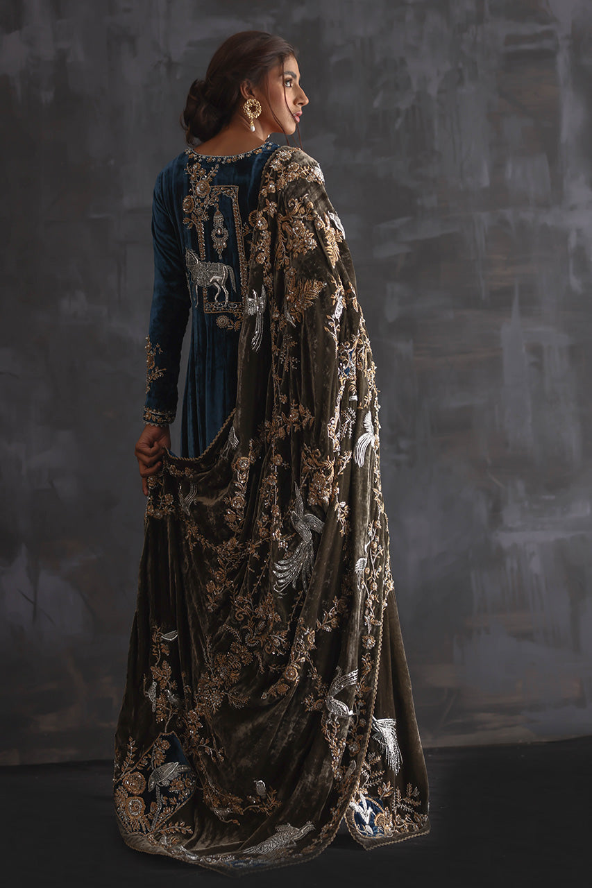 Pakistani Teal Zardozi Velvet Kalidar Dress (3-Piece) - Image 2