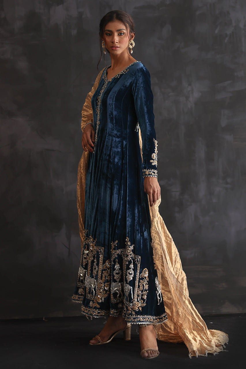 Pakistani Teal Zardozi Velvet Kalidar Dress (3-Piece) - Image 4