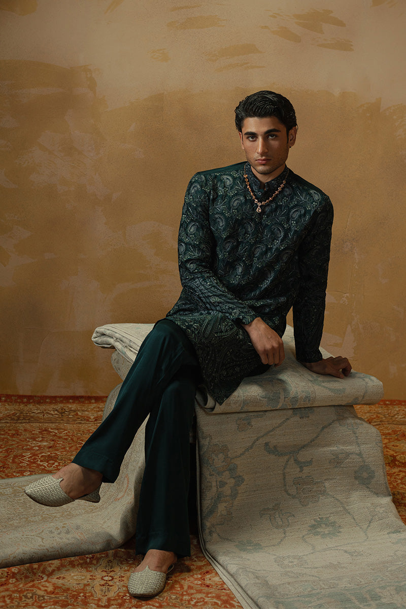 Teal Paisley Embroidered Silk-Blend Kurta Pajama (2-Piece) - Image 1