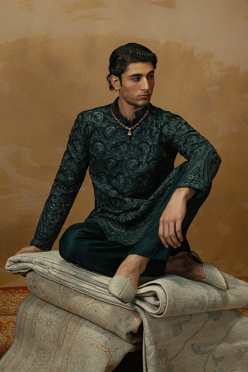 Teal Paisley Embroidered Silk-Blend Kurta Pajama (2-Piece) - Image 3