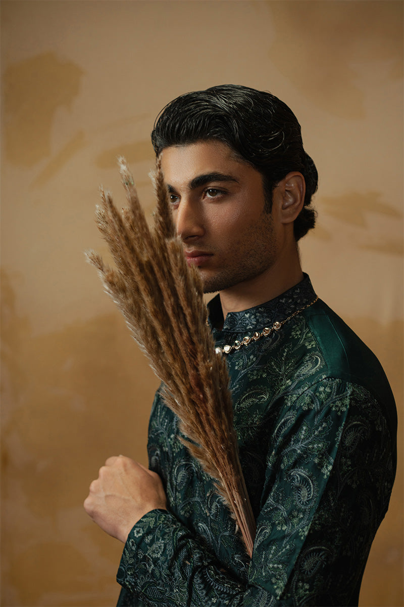 Teal Paisley Embroidered Silk-Blend Kurta Pajama (2-Piece) - Image 6