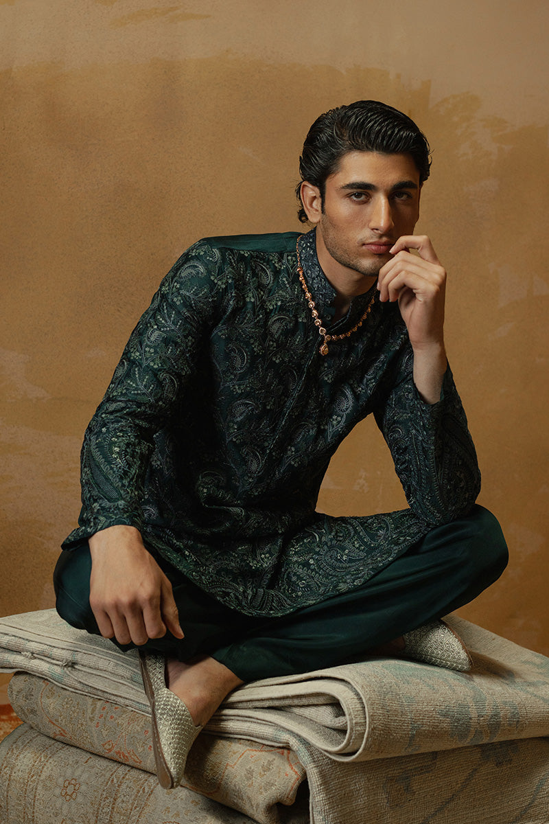 Teal Paisley Embroidered Silk-Blend Kurta Pajama (2-Piece) - Image 7