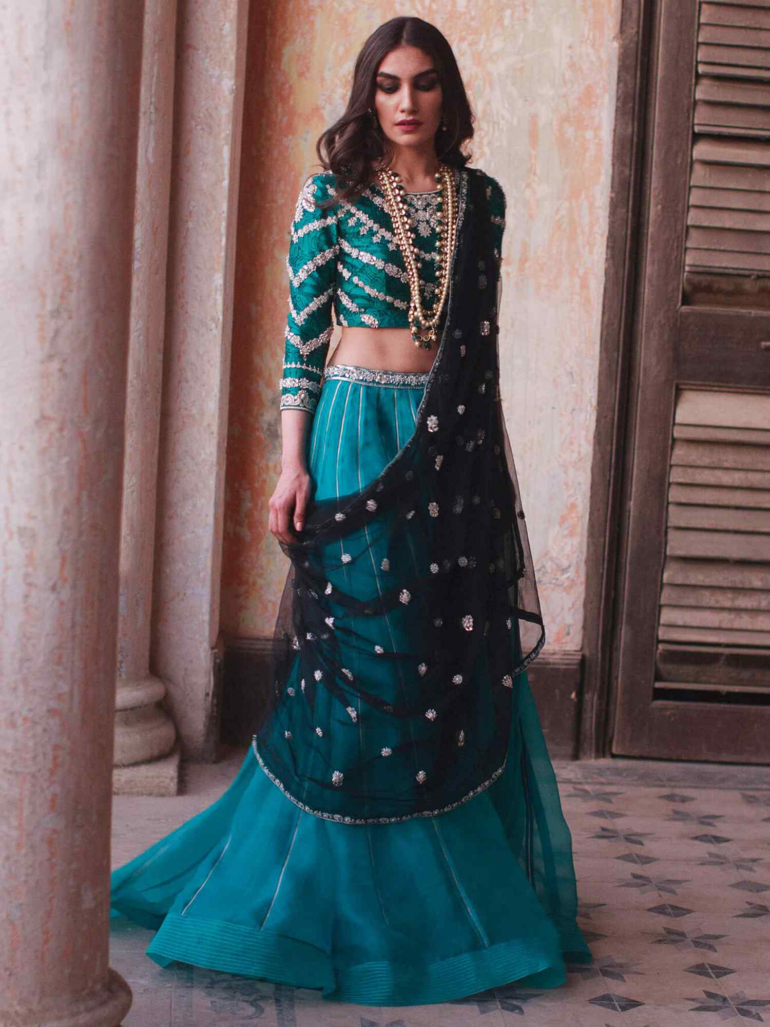 Shaded Teal Embellished Brocade Lehenga Choli (3-Piece) - Image 1