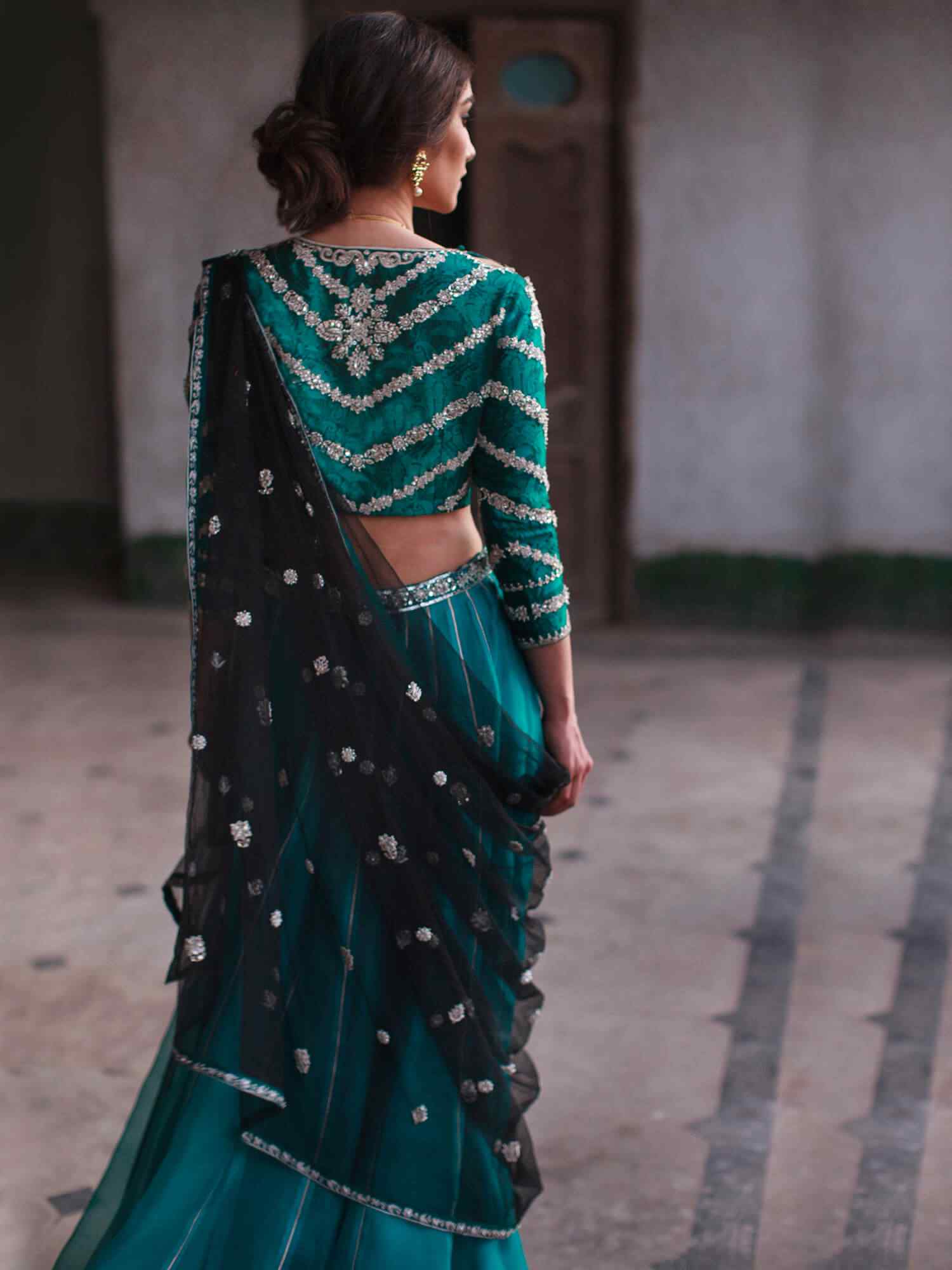 Shaded Teal Embellished Brocade Lehenga Choli (3-Piece) - Image 2