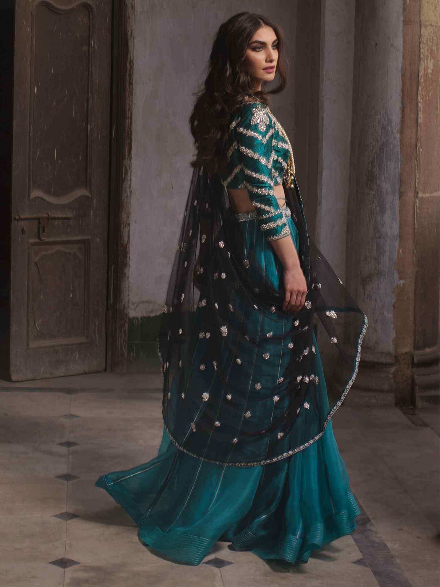 Shaded Teal Embellished Brocade Lehenga Choli (3-Piece) - Image 3